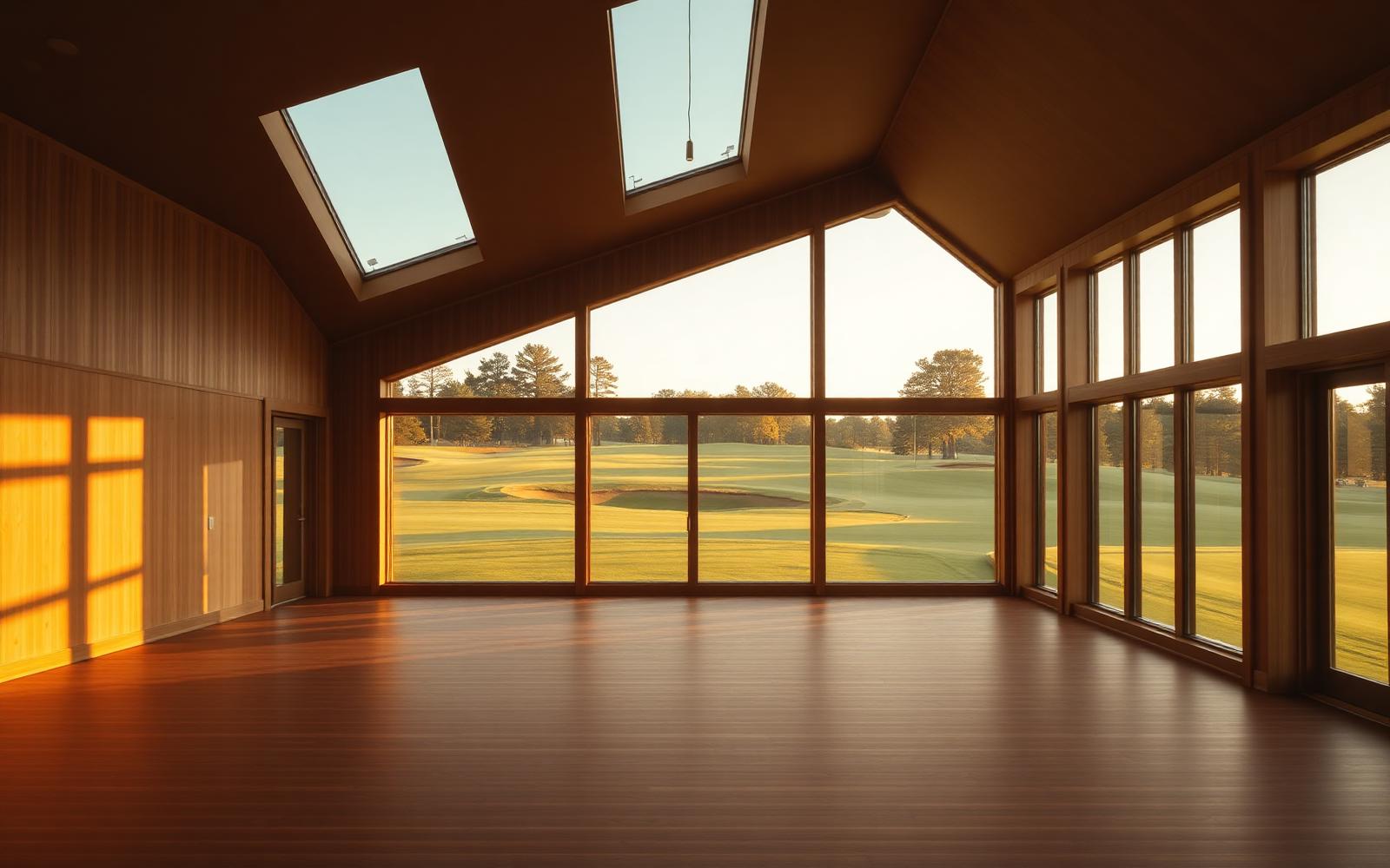 Warm-lit clubhouse interior overlooking the fairway
