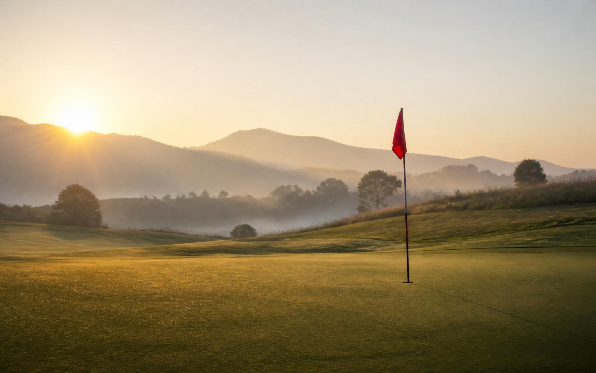 Rolling fairway at dawn with a red pin flag on the green and the sun rising behind distant hills